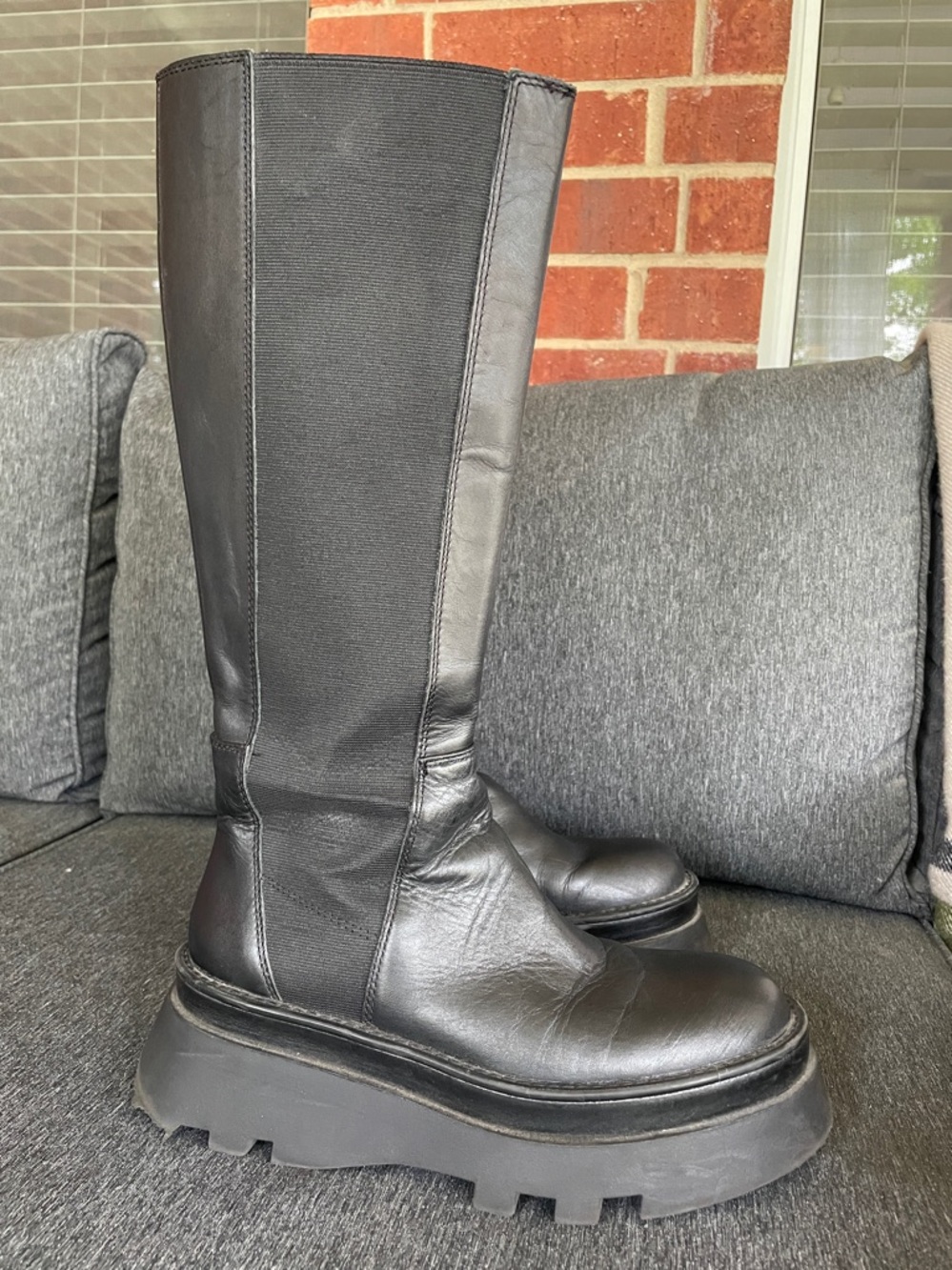 ZARA black leather tall boots track sole 38/7,5 biker rare - Picture 5 of 12